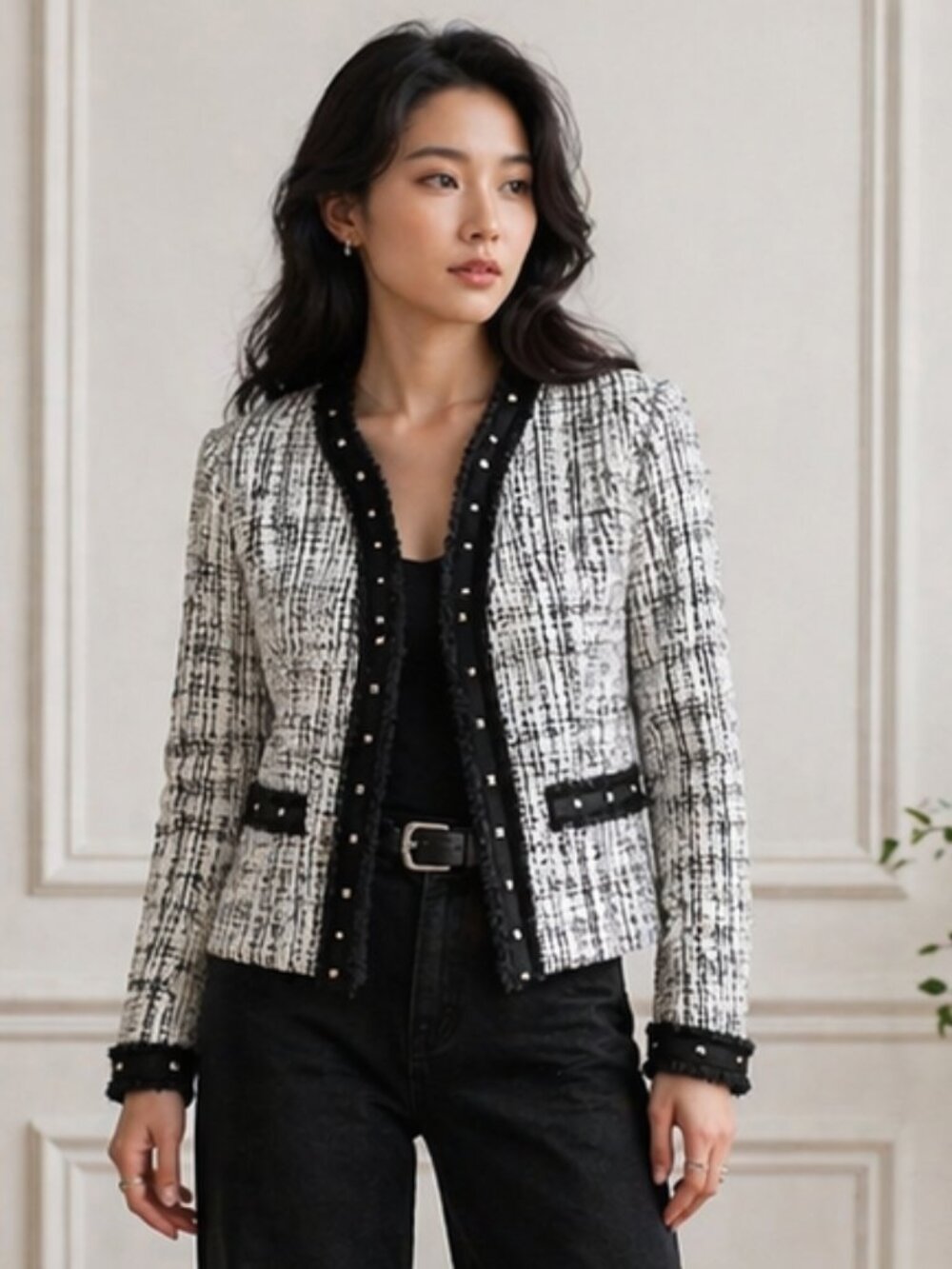 Carole Little Tweed Blazer Black White Studded Trim Jacket Small